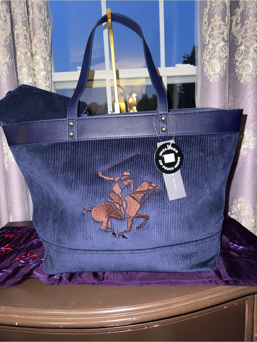 NWT Beverly Hills Polo Club Navy Corduroy Tote & Pouch Set
